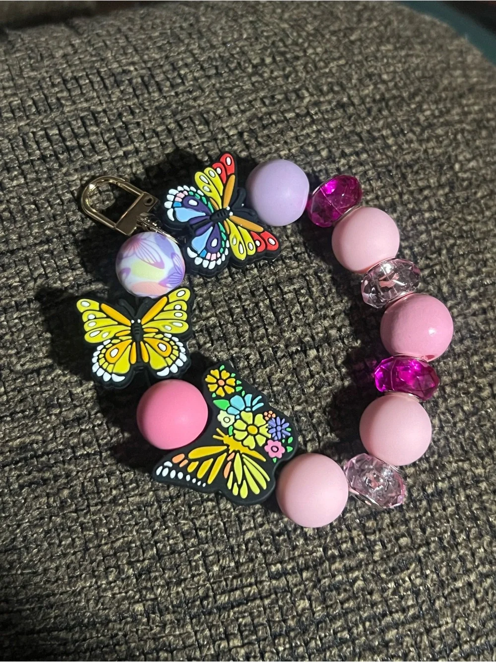 Kids Pink Butterfly Beaded Keychain Wristlet B186